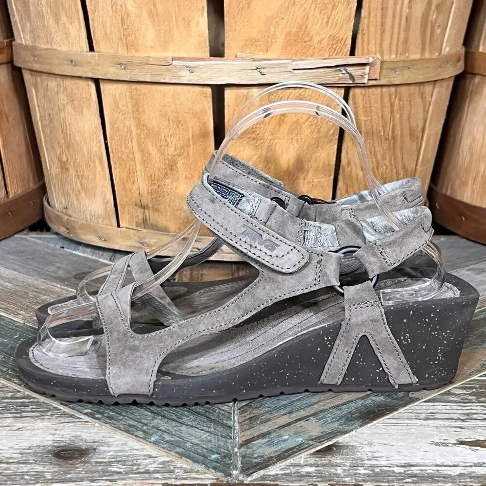 Teva Cabrillo Tan Brown Leather Strappy Adjustable Wedge Sandals Womens Size 9